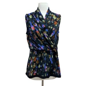 CAbi Flaunt Wrap Black Multicolor Watercolor Sleeveless Blouse Size Small